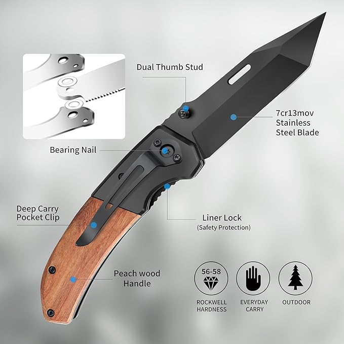 Harita Pocket Knife for Men, Folding Utility with Pocket Clip, Wood Handle EDC for Women with 3.4″ Black Steel Blade, Camping Knife, Hunting, Hiking - Father's Day Gift (Back, 3.4 inch Classic Blade)