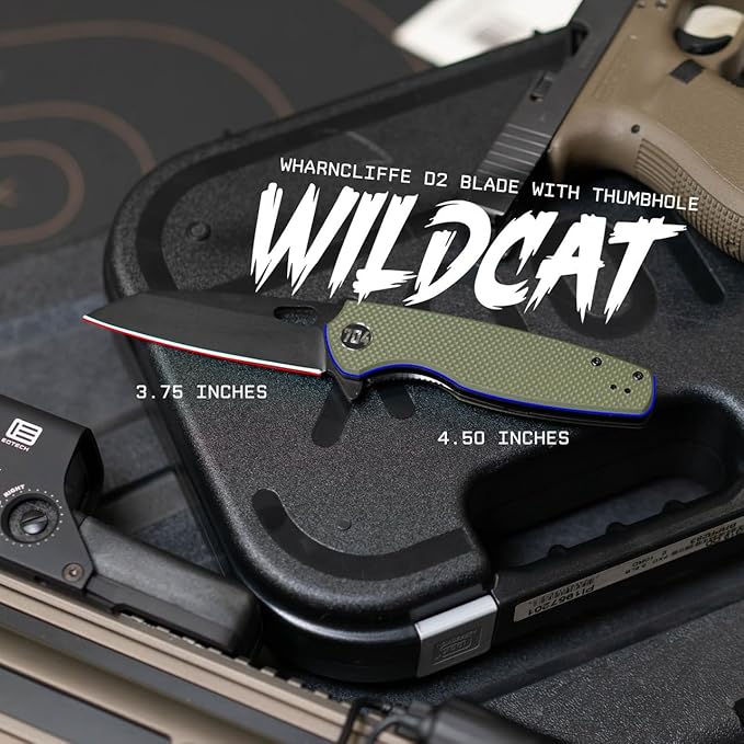 704 Gear Wildcat Lite EDC Folding Pocket Knife | Compact Size D2 Wharncliffe Blade with Thumbhole Cutout | Olive Drab Green