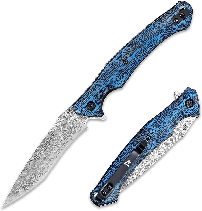 YOUSUNLONG Folding Knife - Hammered Damascus Steel Blade - Blue Damascus texture G10 Cover