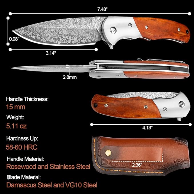 KOMWERO Damascus Pocket Knife with Clip for Men, VG10 Damascus Steel Folding Knives, EDC Damascus Knife with Leather Sheath Wooden Handle for Camping Collection