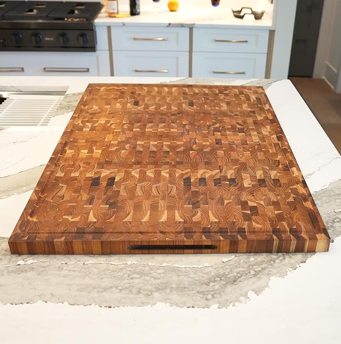EcoDecors FSC Certified Solid Teak Cutting Board 40x28, XL Reversible End Grain Butcher Block for Kitchen, BBQ & Carving, Heavy Duty Wood Board