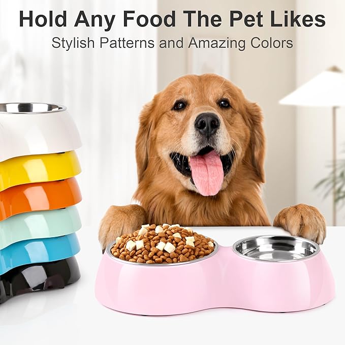 Double Dog Bowls Set ??Non-Slip Pet Food & Water Dishes with Resin Stand, Includes Small (1 Cup) & Medium (2 Cups) Bowls ??Ideal for Puppies, Cats, and Medium Dogs ??Pink