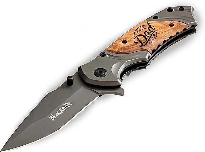 BlacKnife Gift For Dad Folding Pocket Knife with Wooden Handle and Clip, Pocket Knife For Men – Fathers Day Gift Ideal Knife for Camping, Hunting, DIY, Outdoor Gear (Best Dad Ever)