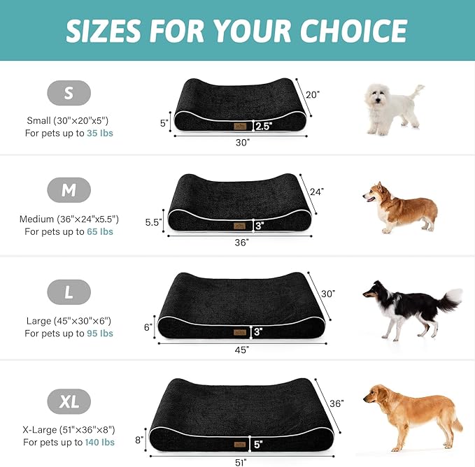Orthopedic Dog Bed for Extra Large Dogs up to 140 lbs - Removable Washable Cover with Waterproof Lining, Cotton-Polyester Blend Boat-Shaped Lounger Mattress, XL(51x36x8in), Black