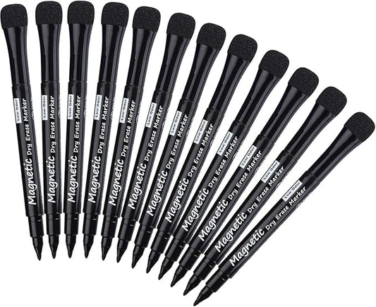 Browill Magnetic Dry Erase Markers, (12 pk) Dealkits Low Odor White Board Markers with Erasers for Kids Teacher Supplies for Classroom Work on White Board, Calender, Fine Tip Point, Black