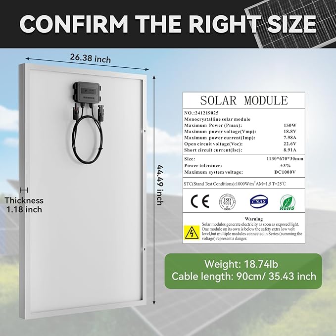 150W 6pack Solar Panel 900 Watt Solar Panels Monocrystalline Cell High-Efficiency PV Module, Solar Panels for Homes Camping RV Battery Boat Caravan and Other Off-Grid System