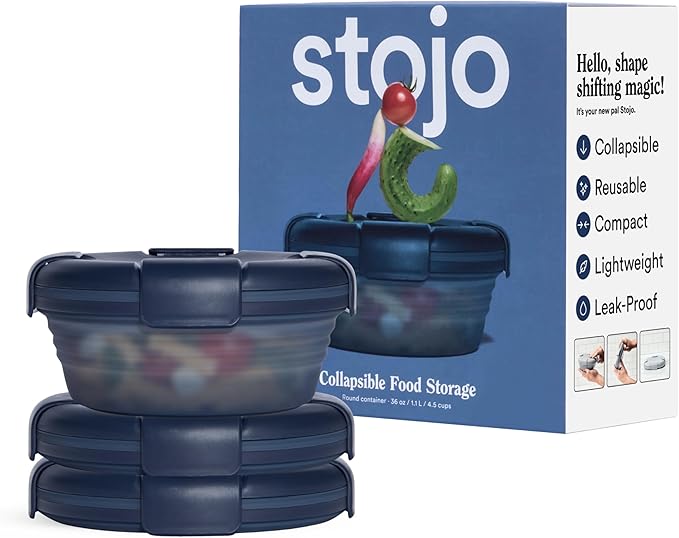 STOJO Collapsible Bowl 3 Set - Translucent Denim, 36oz - Reusable Silicone Bowl for Hot and Cold Food - Perfect for Travel, Meal Prep, To-Go Lunch, Camping & Hiking - Microwave & Dishwasher Safe