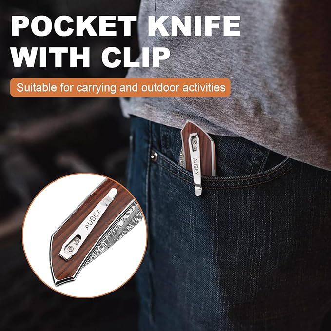 AUBEY Damascus Pocket Knife with Clip, Damascus Steel Blade Folding Knives with Ball Bearing, EDC Knife for Outdoor Camping Collection (Wooden Handle)