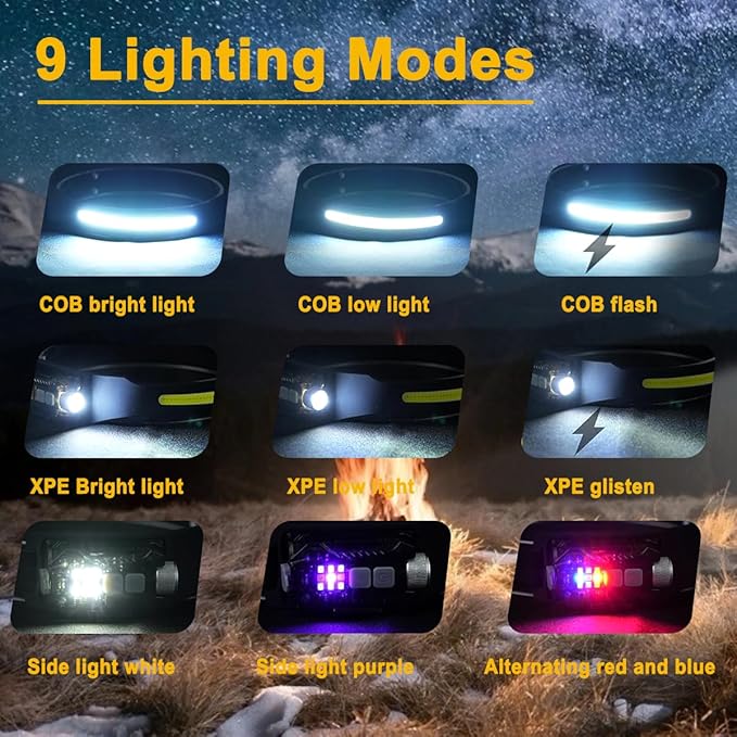 Head Lamps Led Rechargeable 2PCS, 230° Wide Beam Sensing COB Headlamp Flashlight Detachable, 9 Light Modes, Hard Hat Lamp, IP65 Waterproof 400 Lumens for Camping, Fishing, Working, Gift (2, Black)