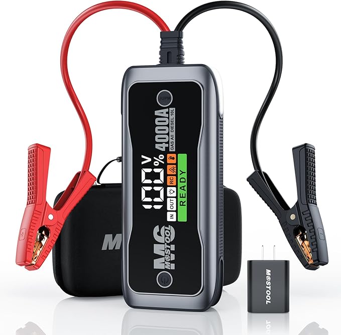 MOSTOOL M6 4000A Jump Starter with Smart HD Display, 12V Portable Jump Box & Car Battery Booster Pack with Quick Charge DC/Type C Port, Jumper Clamps LED Light - for All Gas & Up to 10.0L Diesel