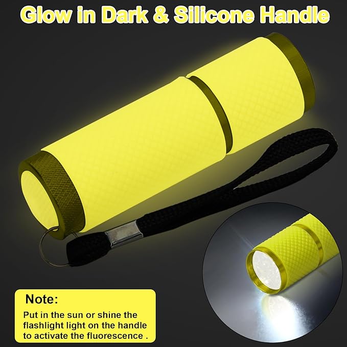 AHIER 9 LED Glow in The Dark Flashlights, Rubber Coated Small Flashlights with Straps, Portable Handy Mini Flashlight for Camping, Hiking, Indoor, Assorted Colors (Yellow)