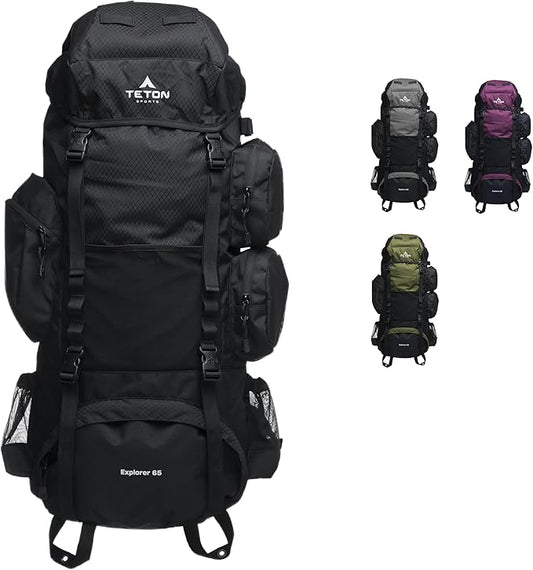 Teton 65L Explorer Internal Frame Backpack for Hiking, Camping, Backpacking, Rain Cover Included, Black