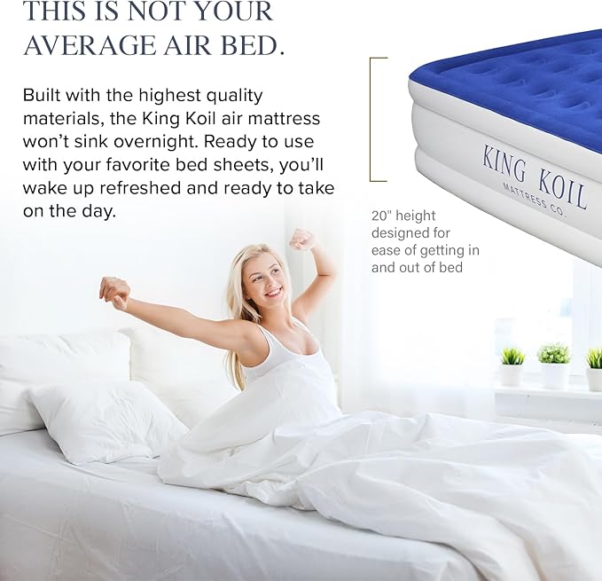 King Koil Luxury Queen Air Mattress with Built-in Pillow & Ultra-Fast Built-in High-Speed Pump, 20??Inflatable Premium Airbed, Waterproof, Adjustable Firmness, 1-Year Manufacturer Warranty