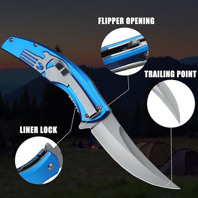 Tactical Folding Knife with upswept 440C High Carbon Stainless Steel Blade, Blue Aluminum Handle, with Deep Carry Pocket Clip, Outdoor EDC Knife for Camping, Hiking, Fishing