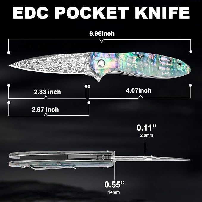 Damascus Pocket Knife for Women, 2.87" Damascus Steel Blade EDC Knives for Men, Abalone Shells Handle, Pocket Knives & Folding Knives for Indoor Outdoor Camping Hiking