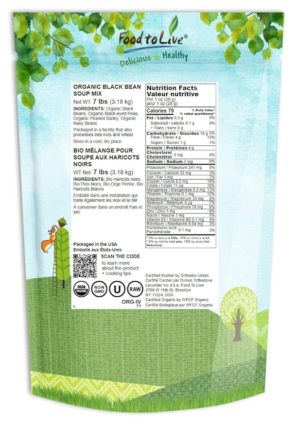 Food to Live Organic Black Bean Soup Mix, 7 Pounds - Contains Non-GMO Black Beans, Black-eyed Peas, Pearled Barley, and Navy Beans, Vegan, Bulk, Good Source of Dietary Fiber, Protein, Copper