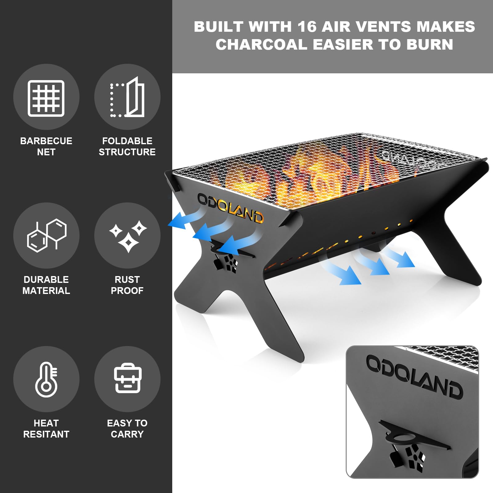 Odoland Portable Folding Charcoal Grills for Outdoor Cooking Bonfire BBQ