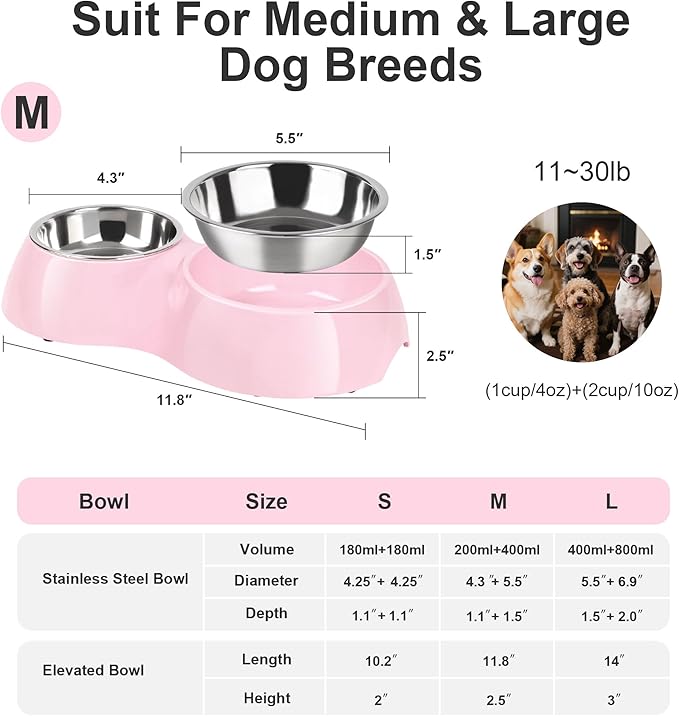 Double Dog Bowls Set ??Non-Slip Pet Food & Water Dishes with Resin Stand, Includes Small (1 Cup) & Medium (2 Cups) Bowls ??Ideal for Puppies, Cats, and Medium Dogs ??Pink