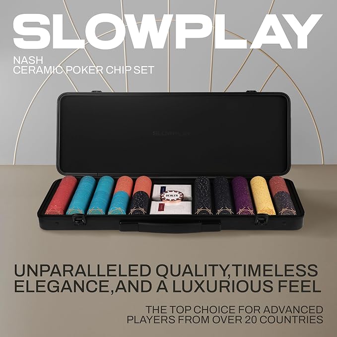SLOWPLAY Nash Ceramic Poker Chips Set for Texas Hold'em, 300 PCS [with Numbered Values],43mm Poker Chips, 12g Each | Features a High-end Chip case with Extra Durable German Polycarbonate Shell