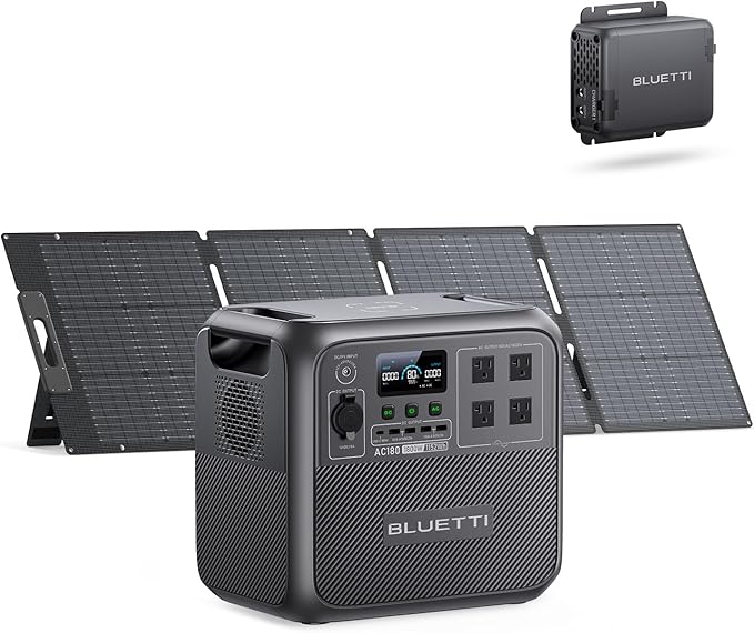 BLUETTI Solar Generator AC180 with 200W Panel & Charger 1 (Ship Separately), 1152Wh LFP Portable Power Station with w/4 1800W AC (2700W Surge), 560W DC-DC Fast Car Charger for Camping, RV, Off-Grid