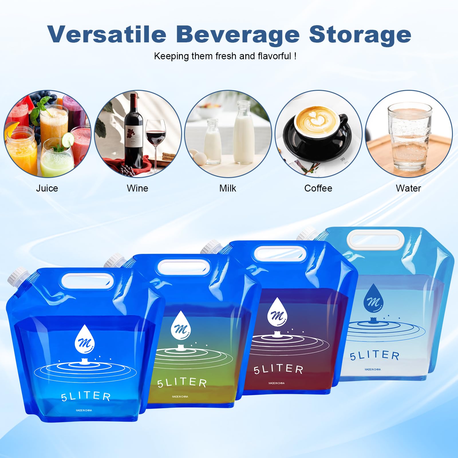 SOCATER Water Container Bags, 4 Packs BPA Free No-Leak Foldable Plastic 1.3 Gallon Water Container