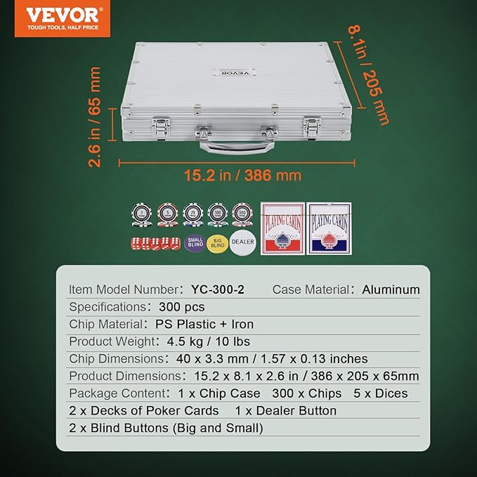 VEVOR Poker Chip Set, 300-Piece Poker Set, Complete Poker Playing Game Set with Aluminum Carrying Case, 11.5 Gram Casino Chips, Cards, Buttons and Dices, for Texas Hold'em, Blackjack, Gambling