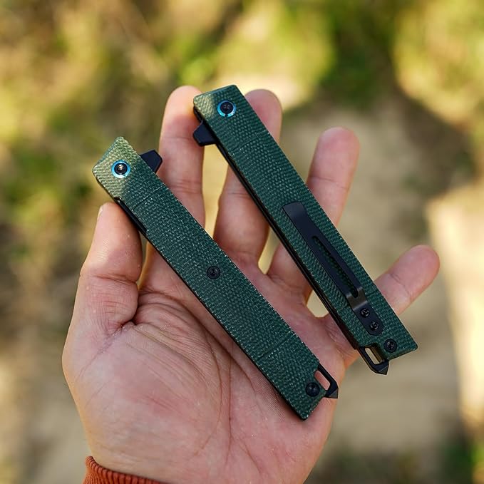 Pocket Folding Knife,Flipper Open,DC53 Steel Blade and Micarta Handle. With pocket clip and glass breaker,Sharp Camping Hiking Daily Work Knives,Everyday Carry EDC tool Knife