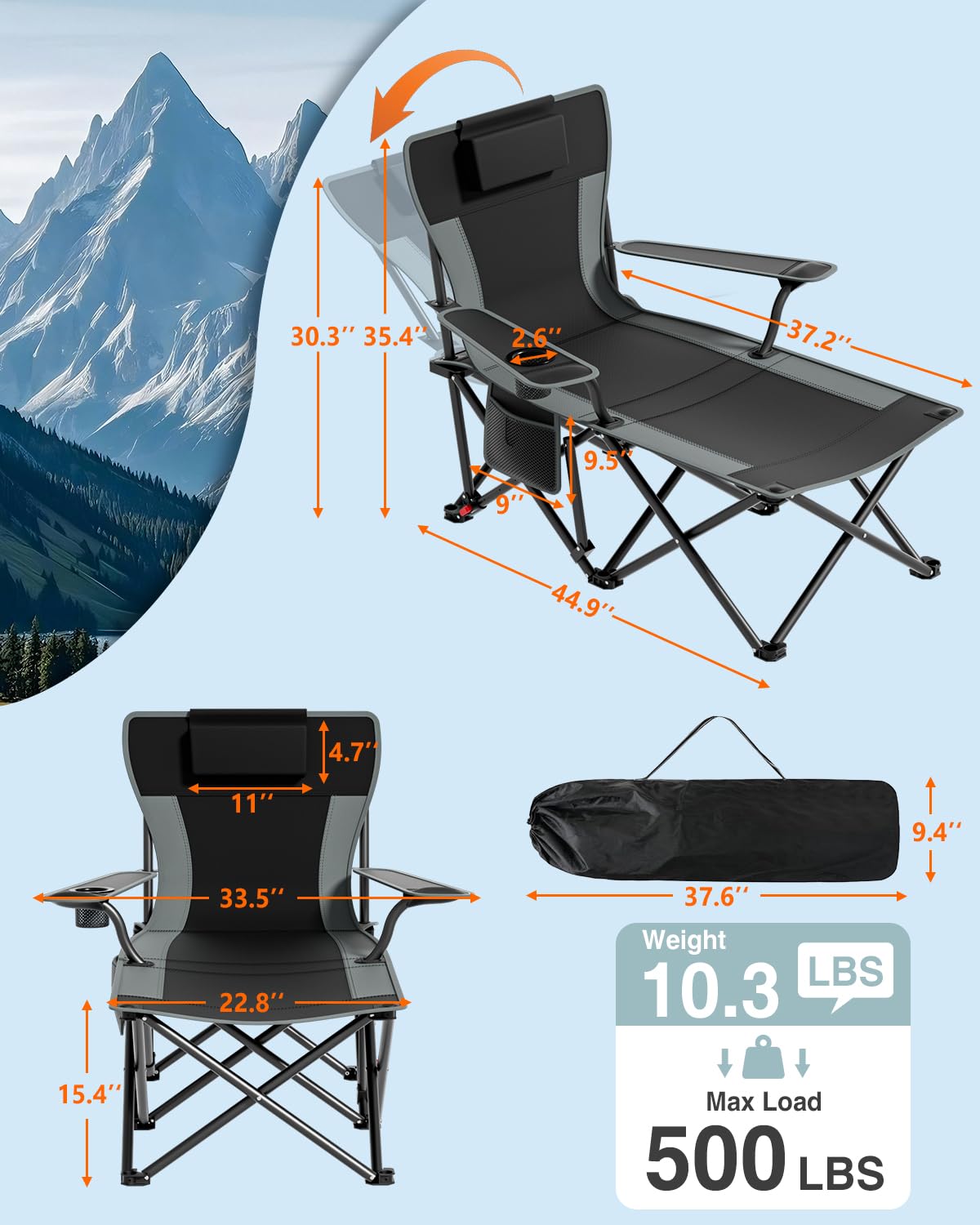 HOPERAN Camping Chair with Foot Rest, 500LBS 4-Level Reclining Beach Chair