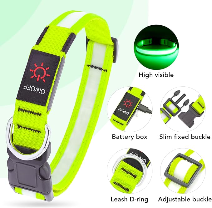 Vizpet LED Dog Collar, Light Up Dog Collar Adjustable USB Rechargeable Super Bright Safety Light Glowing Collars for Dog(Small,Green)