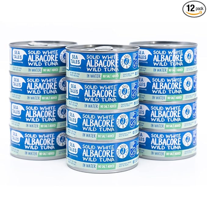 Sea Tales Solid White Albacore Canned Tuna in Water - No Salt Added - 100% Pole & Line Wild Sustainably Caught - BPA Free - High Protein Food - Keto Friendly - 5 oz. Cans (Pack of 12)