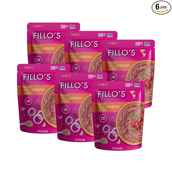 Fillo's Refried Beans - Made with Roman Borlotti Beans aka Cranberry Beans, Ready to Eat, 10 oz Pk of 6, Gluten-Free, Microwavable Meals, Vegan, Plant Protein