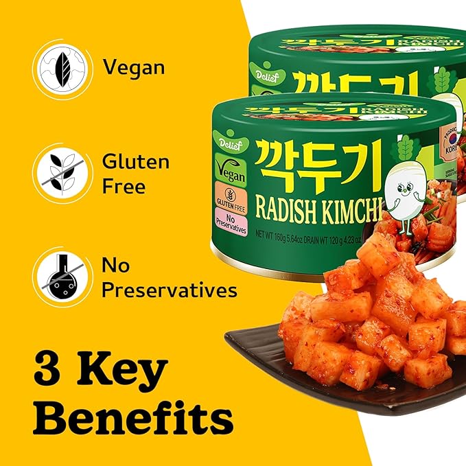 DELIEF Cubic Radish Kimchi - Authentic Korean Radish, Vegan, Gluten-Free, Shelf-Stable Canned, No Preservatives, 5.64 oz/160 g (1 Pack)