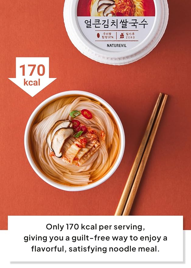 KFOOD Korean Food NATUREVIL Spicy Kimchi Cup Rice Noodle Instant Noodle Bowls, Kimchi Flavor Broth with Rice Noodles, Gluten-free, NON-GMO, No artifical additives 1.69oz (6 Pack, 10.16oz)