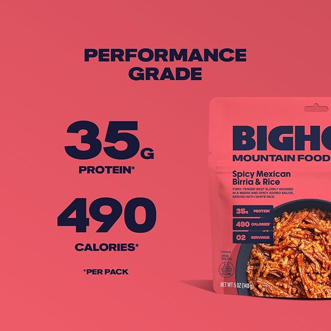 BIGHORN Mountain Food Spicy Mexican Birria and Rice - contains 6 packs | 12 servings | 210g Protein | 2,940 Calories - premium freeze dried meals for backpacking food - dehydrated camping food for backpacking meal - just add water - great taste