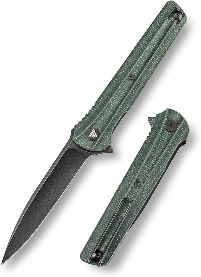 EDC Pocket Knife for Men,Folding Knives with Reversible Clip,Liner Lock 3.4'' Black 14C28N Steel Blade,Green Micarta Handle,Seagull-G
