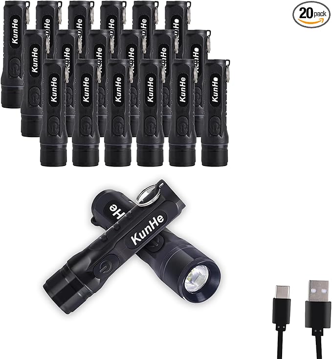 KunHe 20 Pack Bulk Keychain LED Flashlight Small Mini Rechargeable Flashlight Pocket Keychain Light Portable 300 Lumens for EDC Emergency Gift