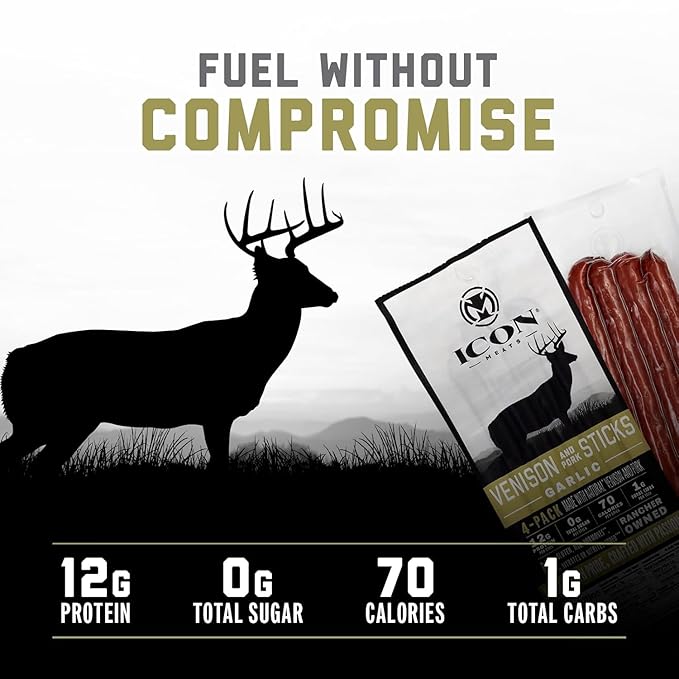 ICON Meats Venison and Pork Snack Sticks - Garlic Flavor - 6 Packs Per Box, 4 Sticks Per Pack, All Natural Jerky Meat Sticks, USDA Approved, Diet Friendly, High Protein, Low Calorie, Sugar Free