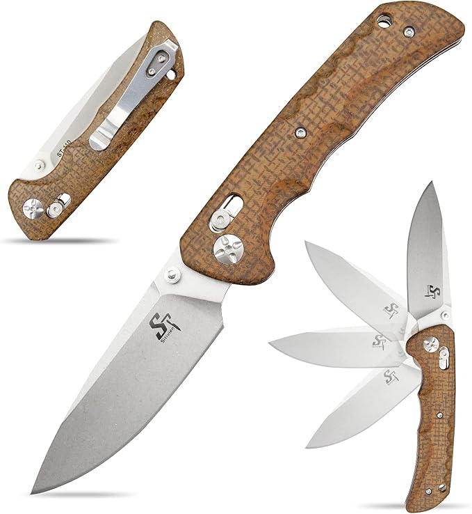 Sitivien ST110 Folding Knife, D2 Blade and Micarta Handle Pocket Knife, EDC Tool Knife with Pocket Clip for Outdoor Camping Hiking Survival(Brown) …