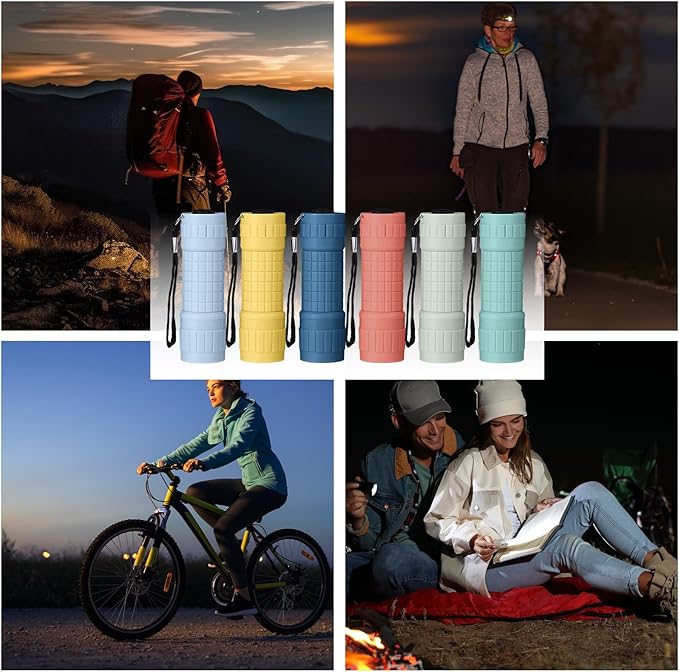 18 Pack 9 LED Small Mini Flashlight Set Plastic Handheld Flashlights with Lanyard, 3 AAA Batteries Included for Kids Night Reading Camping Emergency Hunting, 6 Color (Muted Color)