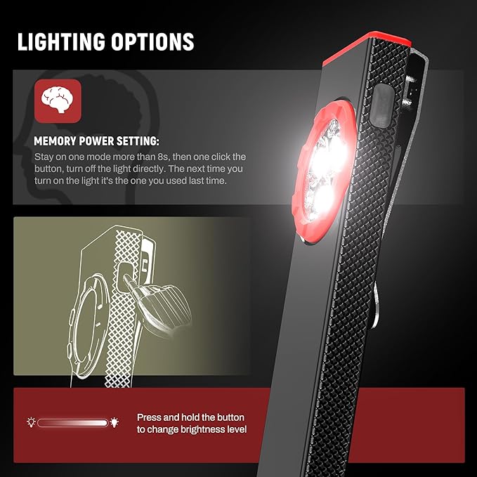 lexall EDC Flashlight, 800Lumen Rechargeable Pocket Flat Flashlight, Magnetic LED Flashlight with Clip, Dimmable Mini Area Light for Car Repairs/Inspection/Travel/Emergency/Camping