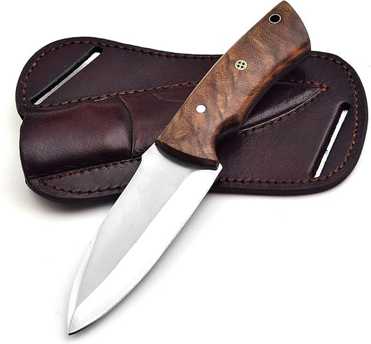 Fixed Blade Hunting Tracker Knife, Stainless Steel Blade Bushcraft Knife, Scout Carry Knives with Leather Sheath, Rosewood Handle Strong Grip, For Outdoors Hunting, Survival, Camping, Hiking Knives