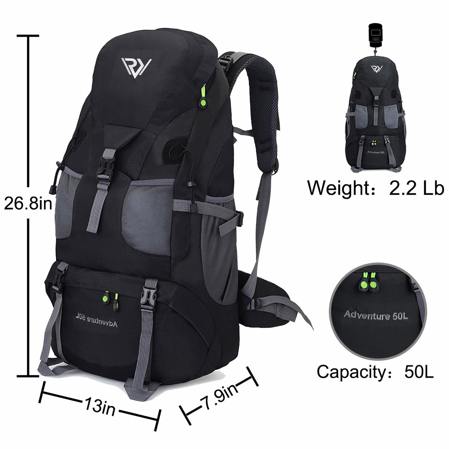 RuRu monkey 50L Hiking Backpack, Outdoor Camping Backpack, Travel Backpacking Backpack for Women Men