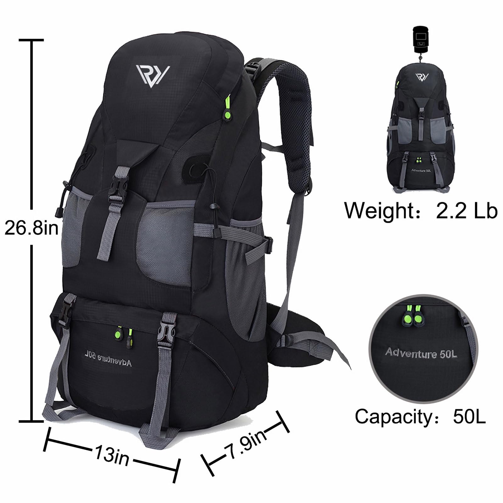 RuRu monkey 50L Hiking Backpack, Outdoor Camping Backpack, Travel Backpacking Backpack for Women Men
