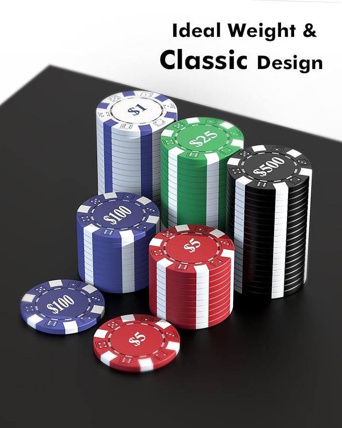 Poker Chips with Denominations, 600-pcs 11.5g Weighted Numbered Casino Chips Set, 2 Decks with Compact Aluminum Case for Texas Hold'em, Blackjack