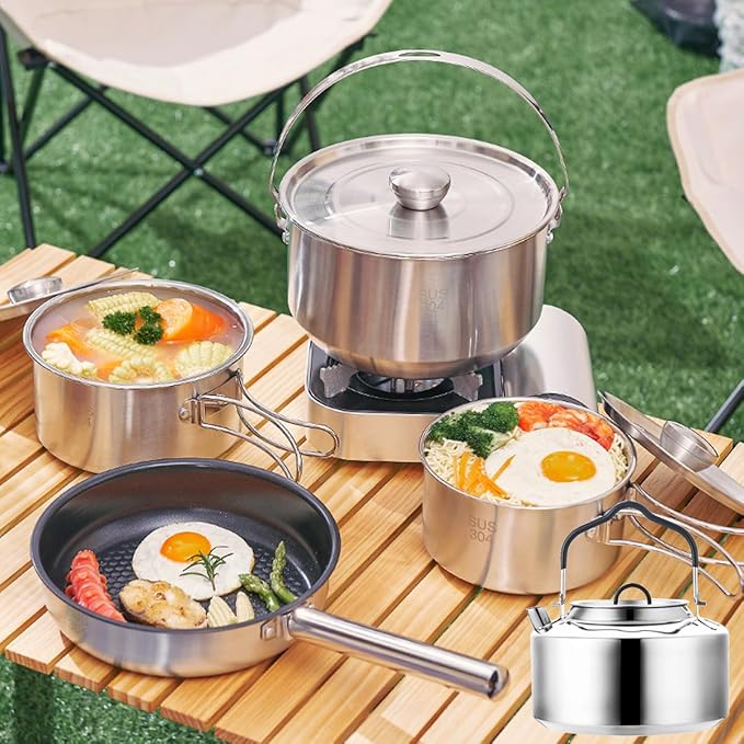 Jorunhe 7PCS Camping Cooking Set,Camping Cookware Mess Kit,304 Stainless Steel Camping Cookware with Travel Tote Bag for Camping Outdoor Cooking & Picnic,RVs