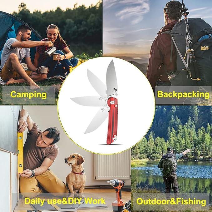 Sitivien ST128 Folding Knife,D2 Blade G10 Handle Safety Liner Lock EDC Tool Knife for Outdoor Hiking Camping-Red