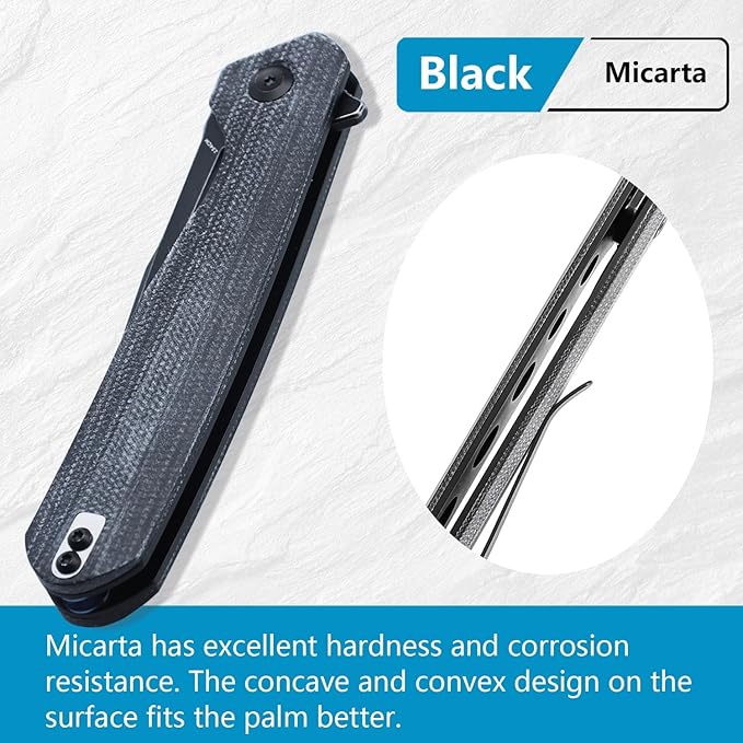KANSEPT Qilin Pocket Knife, 3.24'' Blackwash 154CM Sharp Blade, Black Micarta Handle for Edc, Flipper and Liner Lock with Double-Sided Clip, Men Camping Survival Folding Knives T1047A1