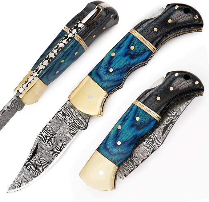 6.5 inch Damascus Pocket Knife with Sheath, Handmade Folding Pocket Knife for Men, Black-Red Wooden Handle with Brass Bolster, Secure Lock Back Camping Knife for EDC,Hunting,Hiking (Blue)