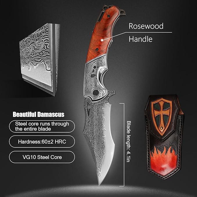 VG10 Core Damascus Steel Folding Knife Suitable for EDC, 4.13 "rosewood Handle, Lined Lock, Outdoor Survival Camping, Suitable for Men and Women