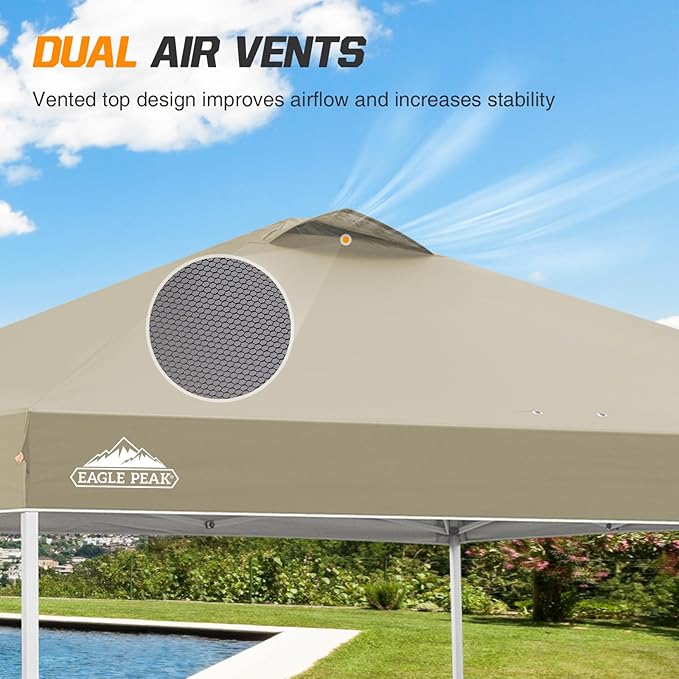 EAGLE PEAK Pop Up Canopy Tent with Wheeled Carry Bag, 8 Stakes, 4 Ropes, 4 Weight Bags, Easy Set Up Tent Canopy, 10x10 ft, 100sqft of Shade, Light Beige